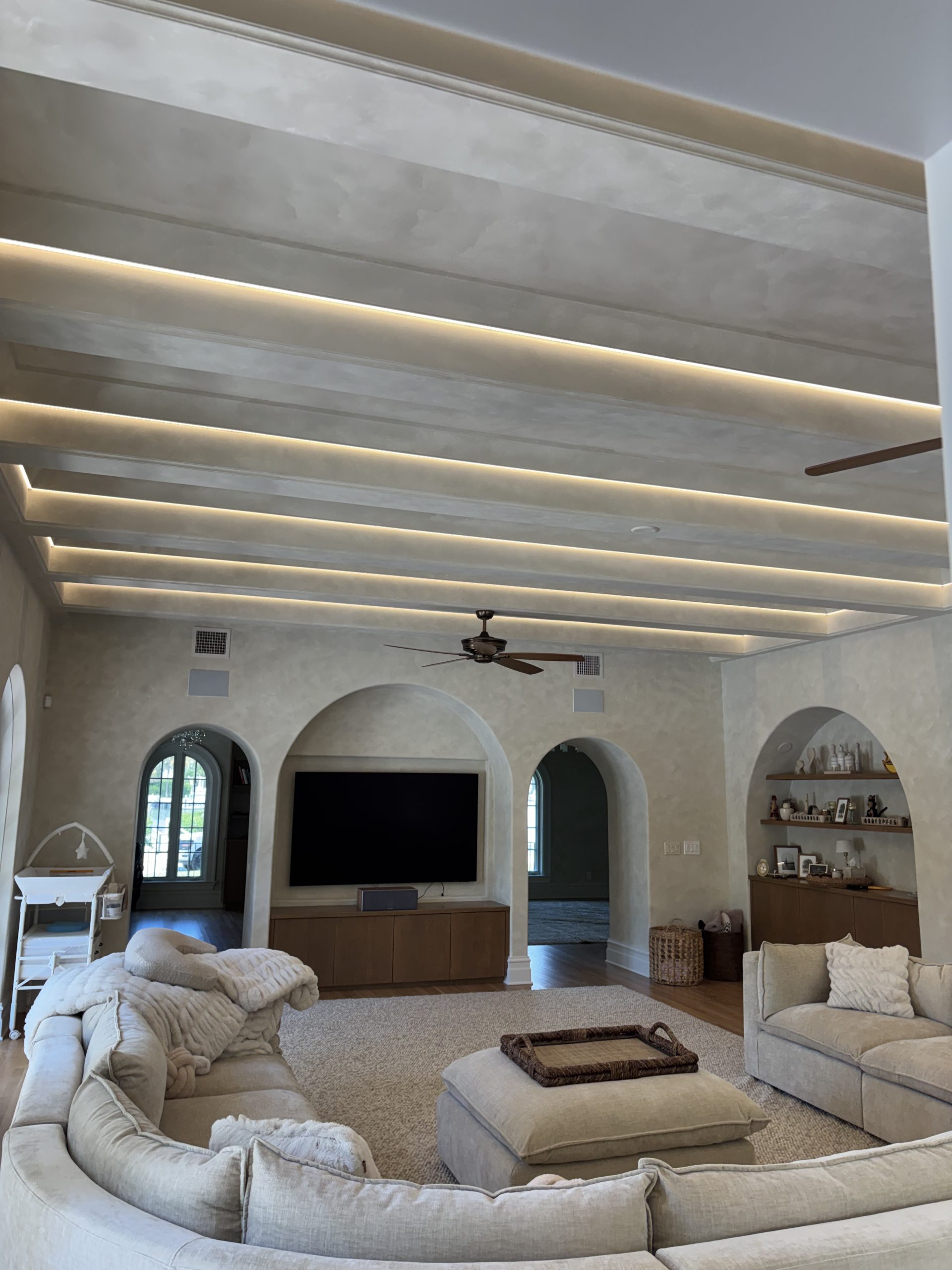 Recessed lighting and ceiling fan installation in luxury living room - Dim & Dimmer Electric Tampa Bay
